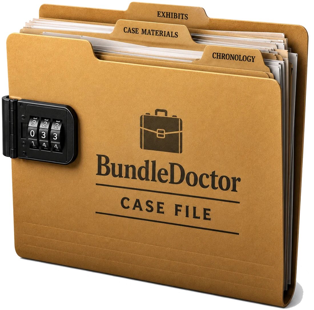 The finished BundleDoctor case file: one kraft folder with tabbed sections for chronology, exhibits, and case materials, closed with a combination lock