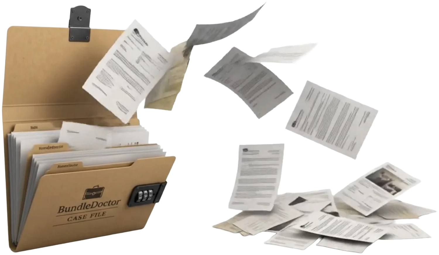 Loose case documents streaming out of an open BundleDoctor case file folder with tabbed sections for chronology, exhibits, and case materials