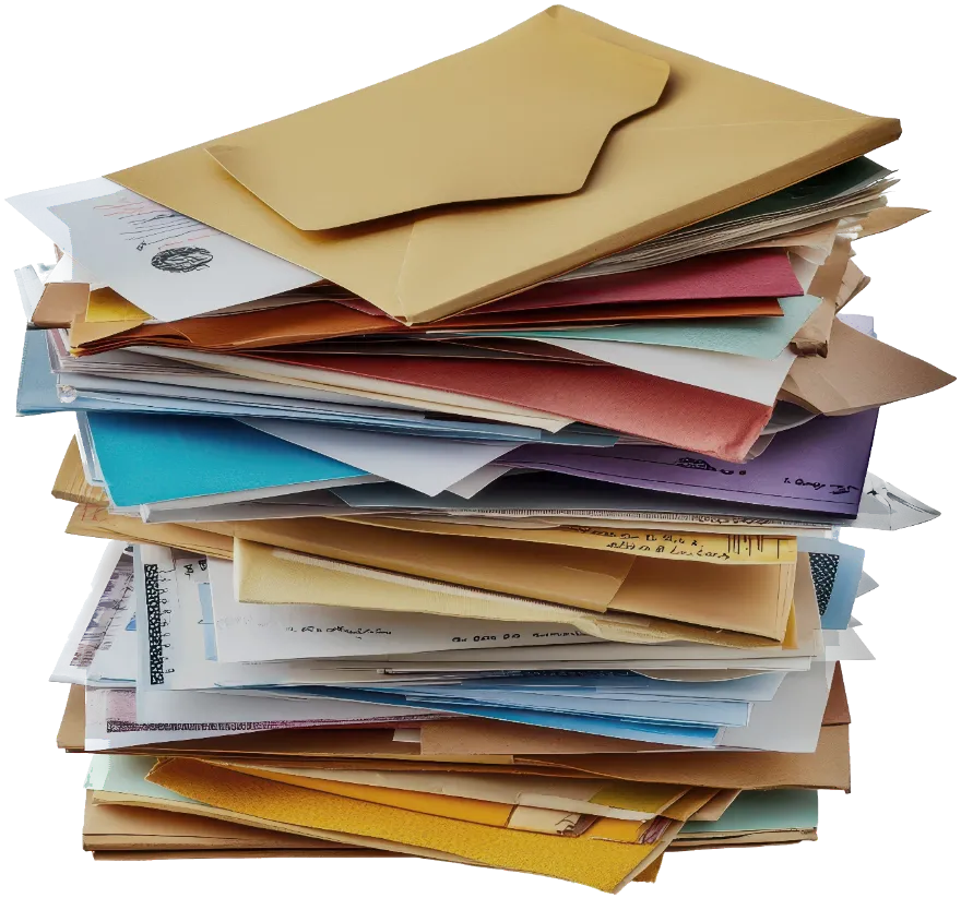 A leaning stack of case paperwork: envelopes, folders, statements, and loose documents